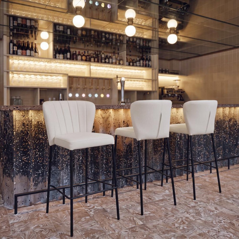Set of Two 29" Cream And Black Faux Leather And Fabric And Steel Bar Height Bar Chairs