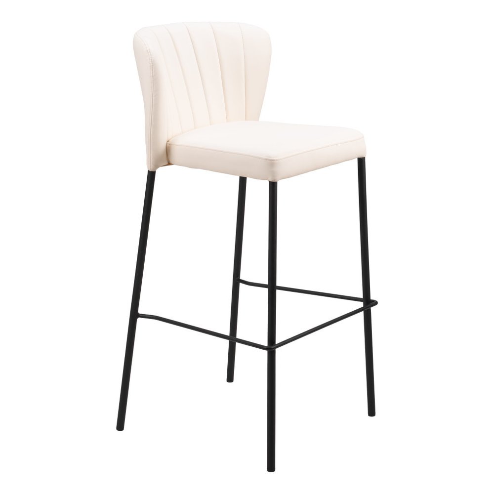 Set of Two 29" Cream And Black Faux Leather And Fabric And Steel Bar Height Bar Chairs