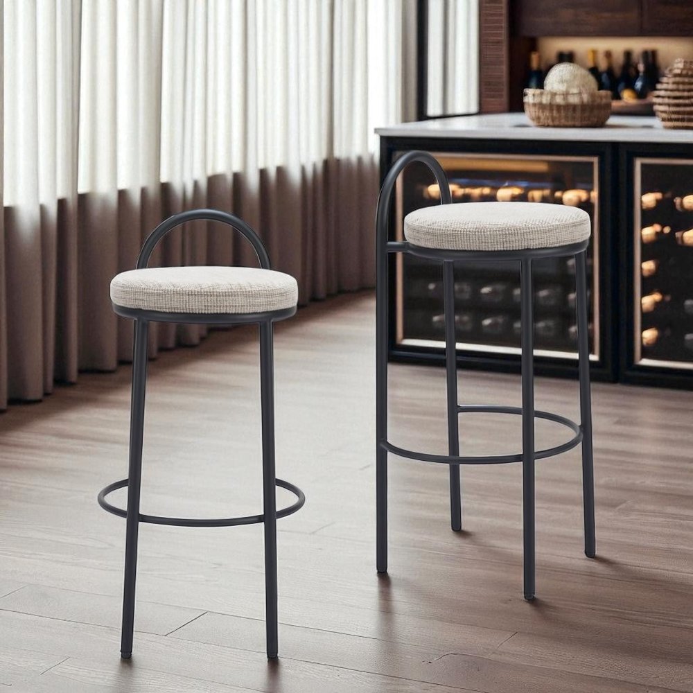 Set of Two 30" Beige And Black Chenille And Steel Low Back Bar Height Bar Chairs