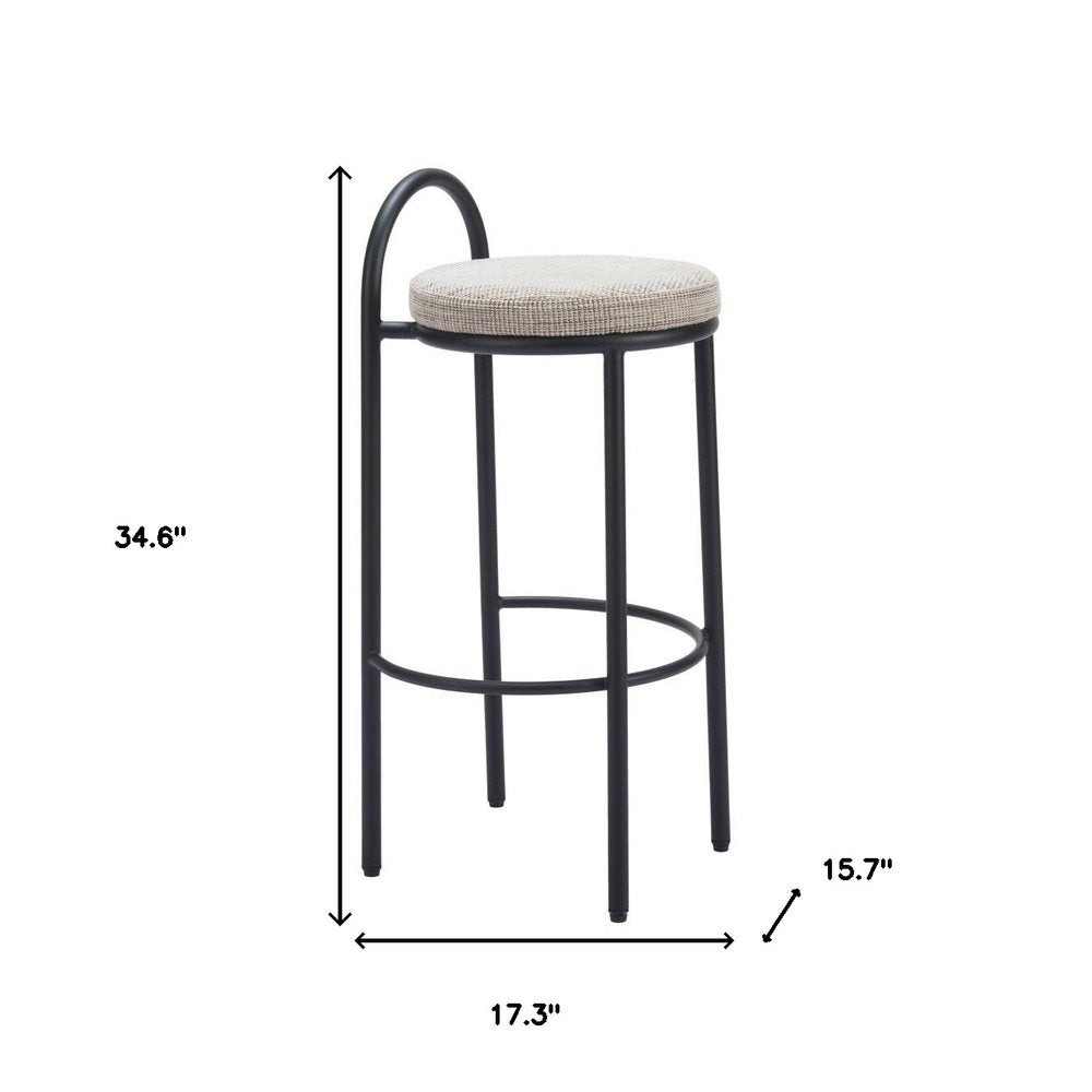 Set of Two 30" Beige And Black Chenille And Steel Low Back Bar Height Bar Chairs