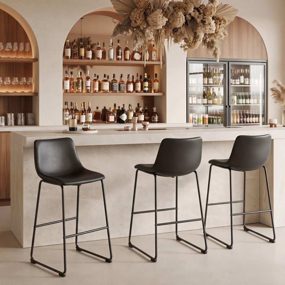 Set of Two 29" Black Faux Leather And Steel Counter Height Bar Chairs