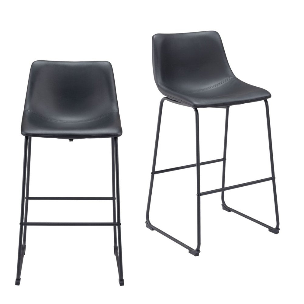 Set of Two 29" Black Faux Leather And Steel Counter Height Bar Chairs