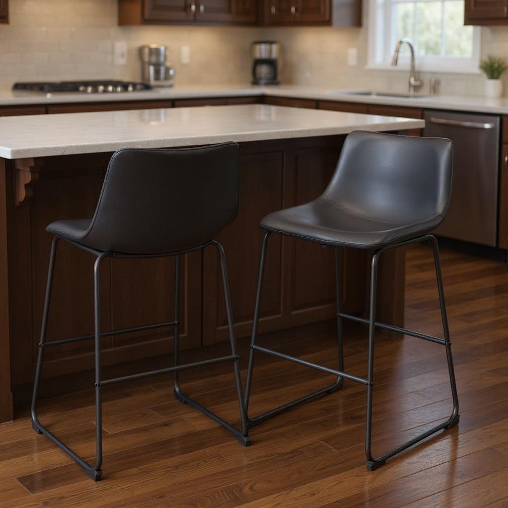 Set of Two 29" Black Faux Leather And Steel Counter Height Bar Chairs
