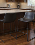 Set of Two 29" Black Faux Leather And Steel Counter Height Bar Chairs
