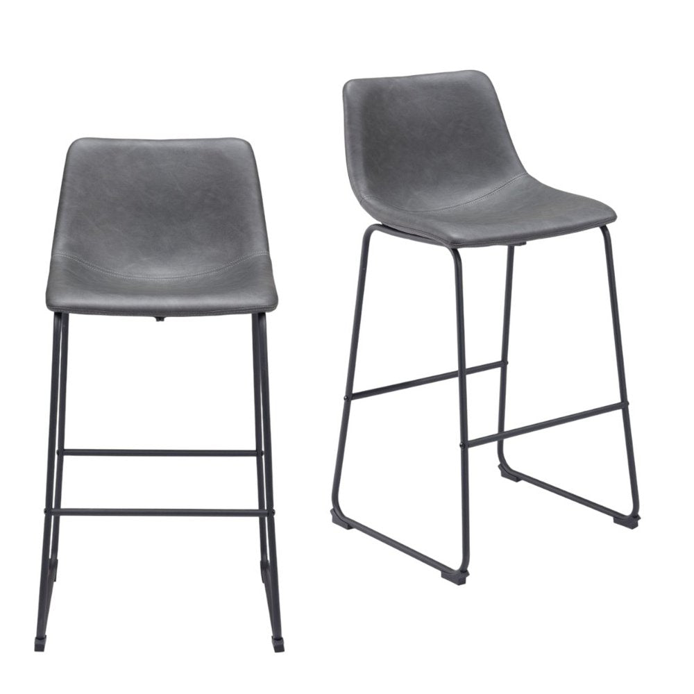 Set of Two 29" Charcoal And Black Faux Leather And Steel Counter Height Bar Chairs