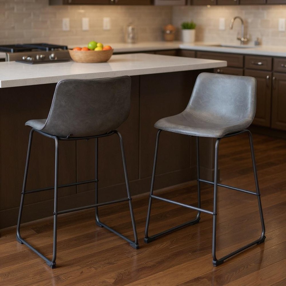 Set of Two 29" Charcoal And Black Faux Leather And Steel Counter Height Bar Chairs