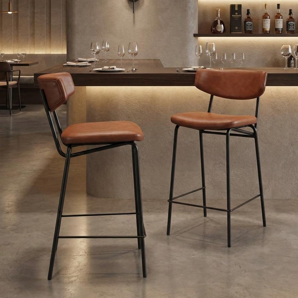 Set of Two 30" Black Faux Leather And Steel Low Back Bar Height Bar Chairs