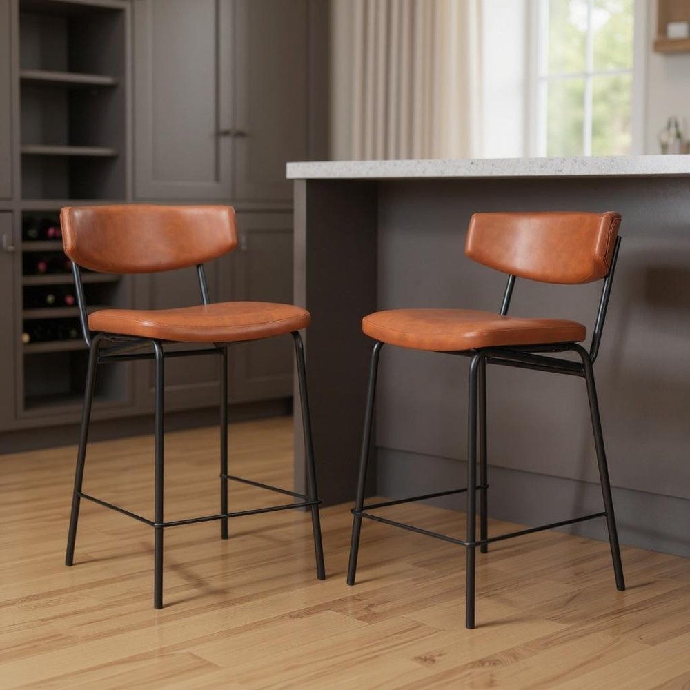 Set of Two 30" Black Faux Leather And Steel Low Back Bar Height Bar Chairs