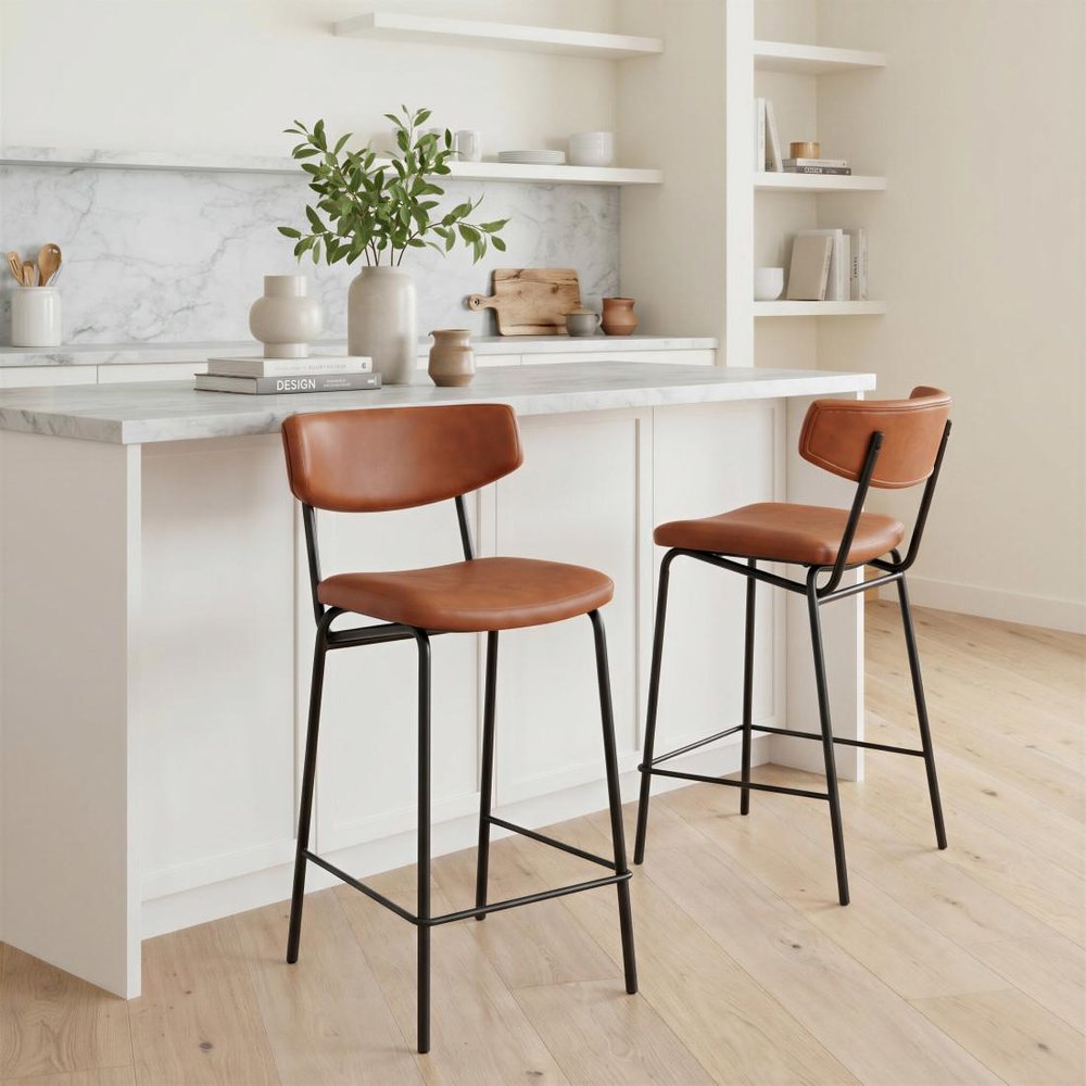 Set of Two 30" Black Faux Leather And Steel Low Back Bar Height Bar Chairs