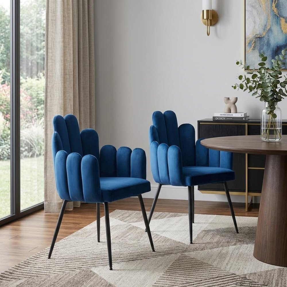 Set of Two Navy Blue And Black Tufted Velvet And Steel Dining Arm Chairs