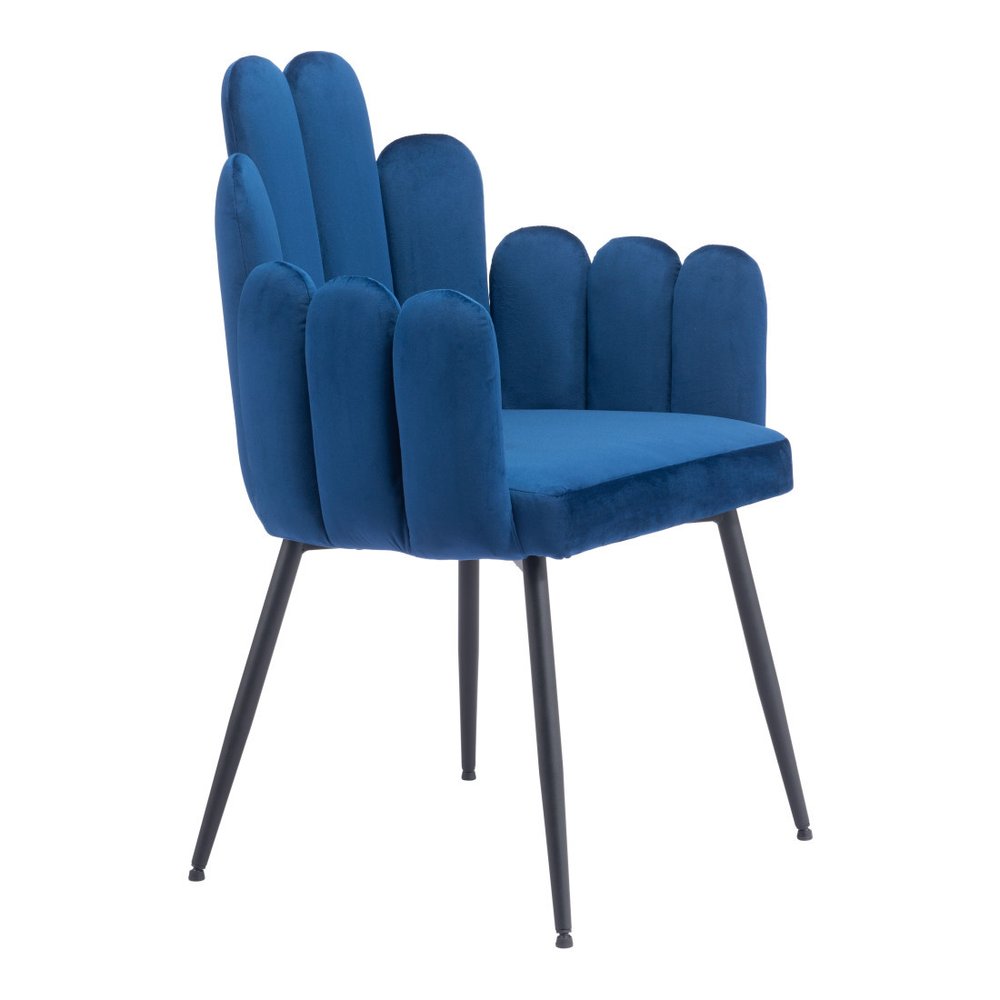 Set of Two Navy Blue And Black Tufted Velvet And Steel Dining Arm Chairs