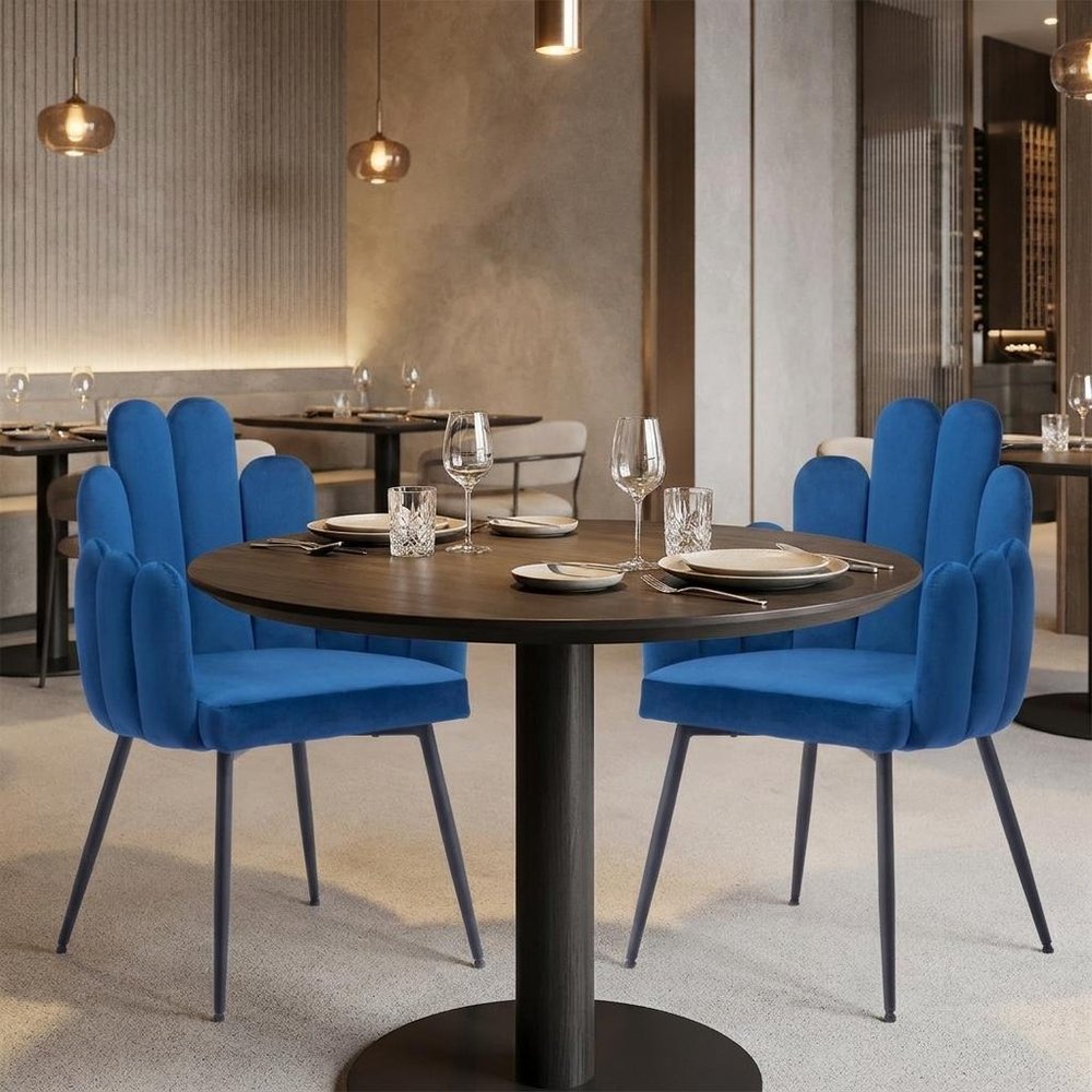 Set of Two Navy Blue And Black Tufted Velvet And Steel Dining Arm Chairs