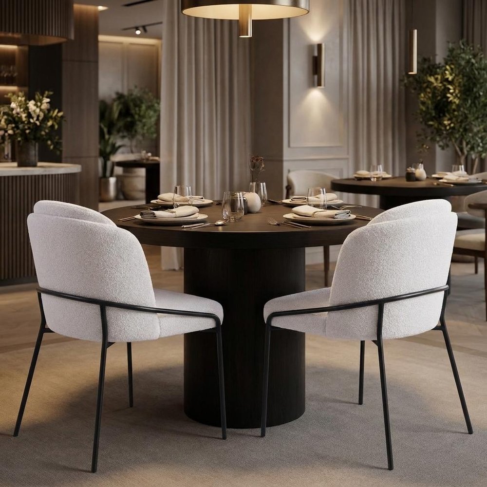 Set of Two Ivory And Black Faux Shearling And Steel Dining Side Chairs