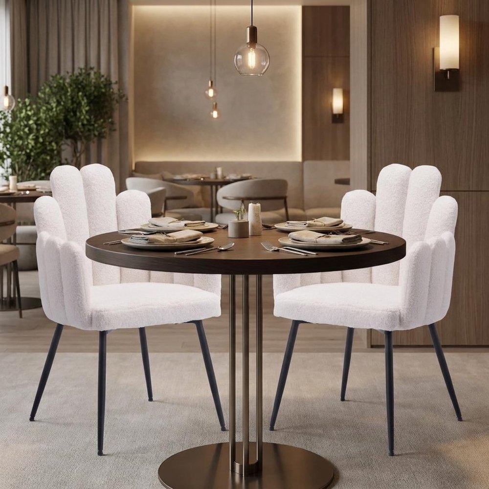 Set of Two Ivory And Black Tufted Boucle And Steel Dining Arm Chairs
