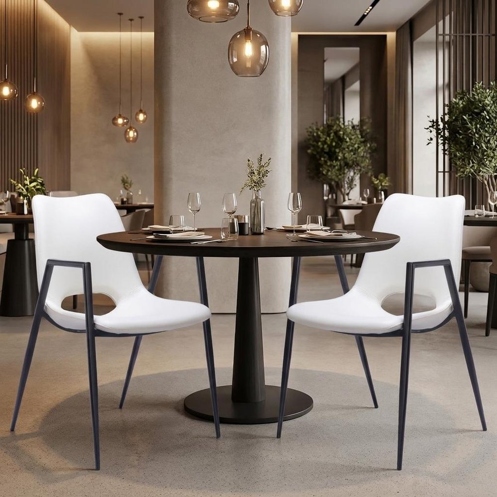 Set of Two White And Black Faux Leather And Steel Dining Arm Chairs