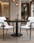 Set of Two White And Black Faux Leather And Steel Dining Arm Chairs