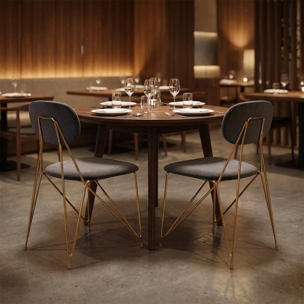 Set of Two Gray And Gold Velvet And Wood And Steel Open Back Dining Side Chairs