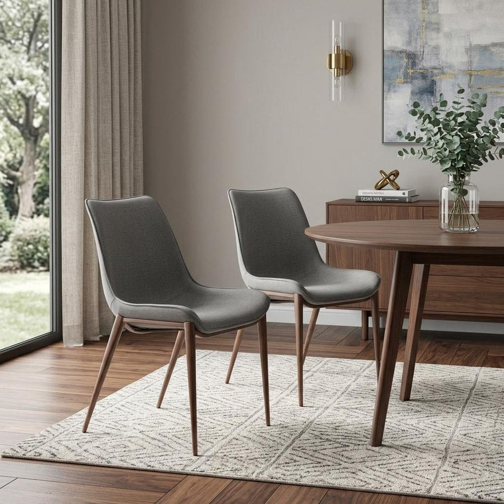 Set of Two Slate Gray And Brown Fabric And Wood And Steel Dining Side Chairs