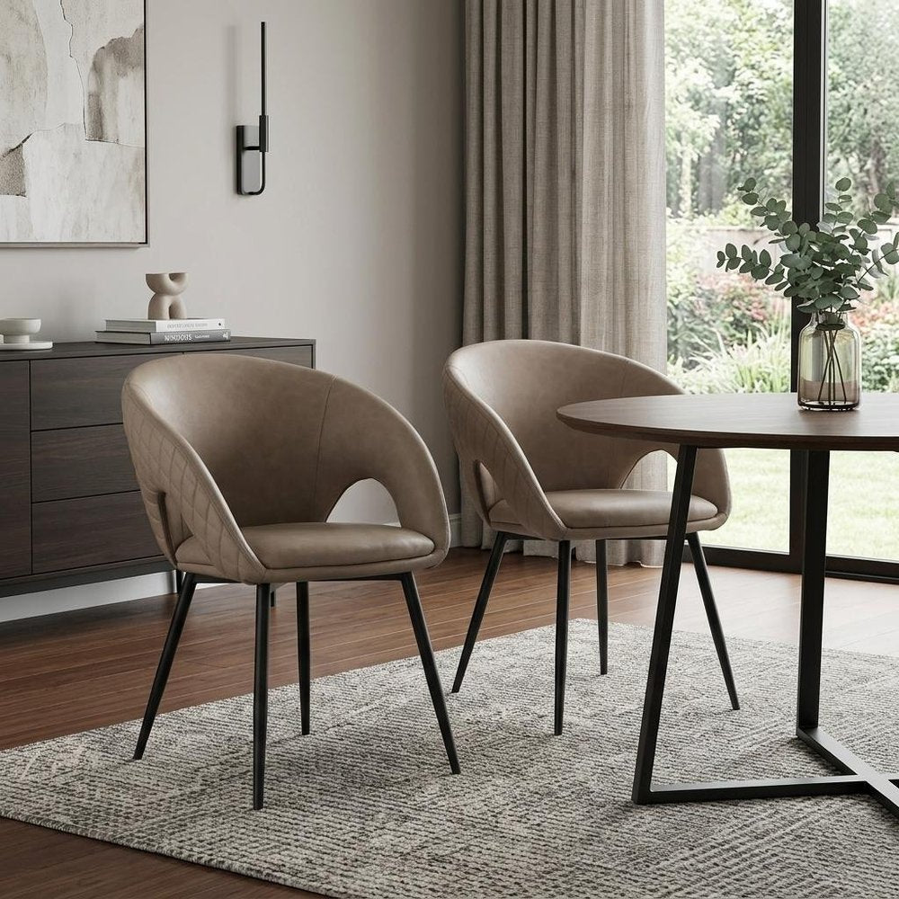 Set of Two Light Gray And Black Tufted Slipcovered Faux Leather And Wood Partially Open Back Dining Arm Chairs