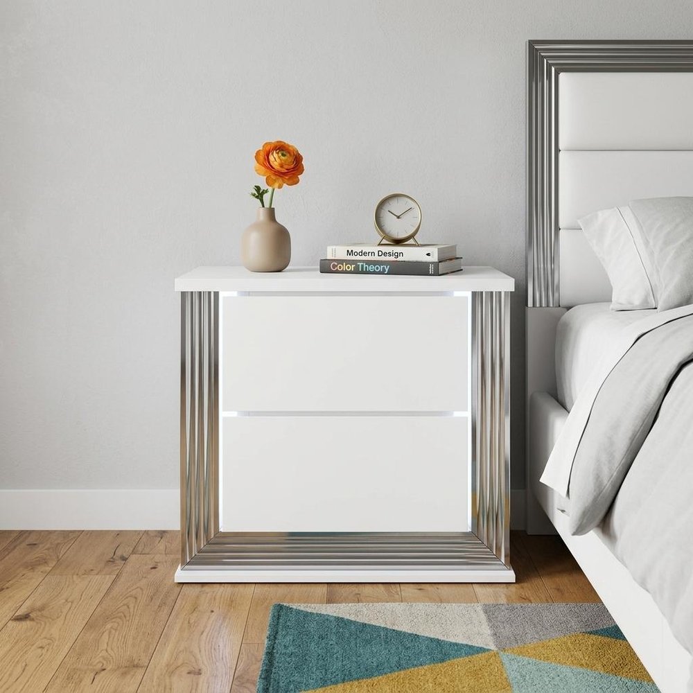 25" White Solid and Manufactured Wood Lighted Two Drawer Nightstand