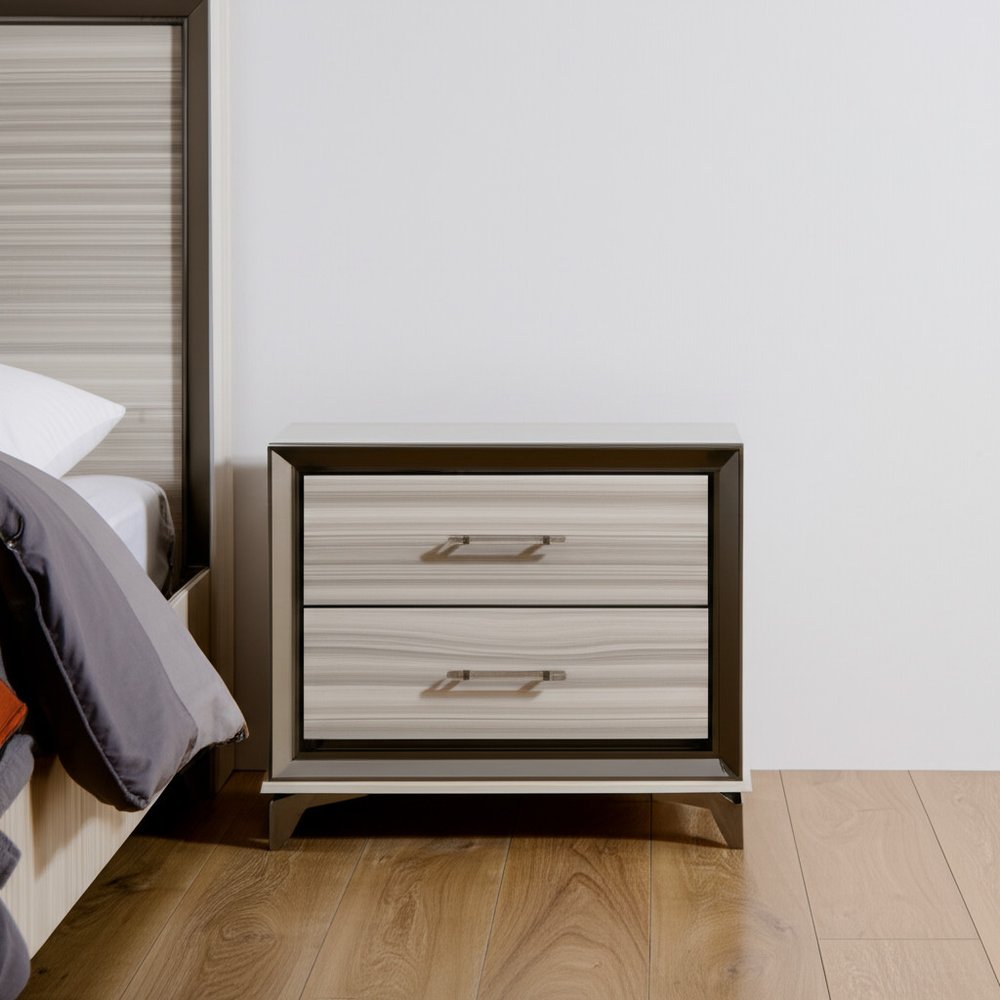 25" Silver And White Wood Lighted Two Drawer Nightstand