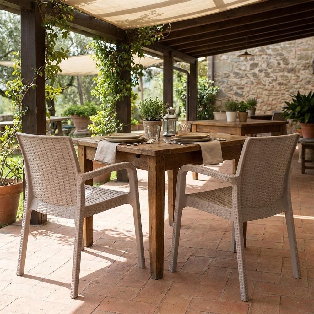 Set of Two Taupe Faux Rattan Heavy Duty Plastic Outdoor Stacking Arm Chairs