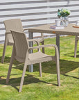 Set of Two Taupe Faux Rattan Heavy Duty Plastic Outdoor Stacking Arm Chairs