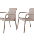 Set of Two Taupe Faux Rattan Heavy Duty Plastic Outdoor Stacking Arm Chairs