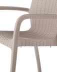 Set of Two Taupe Faux Rattan Heavy Duty Plastic Outdoor Stacking Arm Chairs