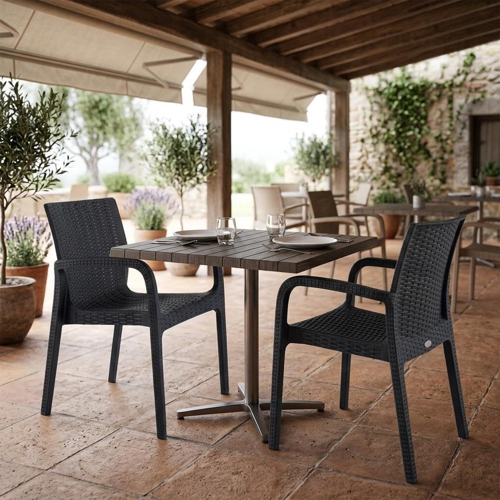 Set of Two Black Faux Rattan Heavy Duty Plastic Outdoor Stacking Arm Chairs