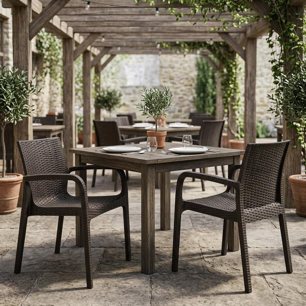 Set of Two Black Faux Rattan Heavy Duty Plastic Outdoor Stacking Arm Chairs