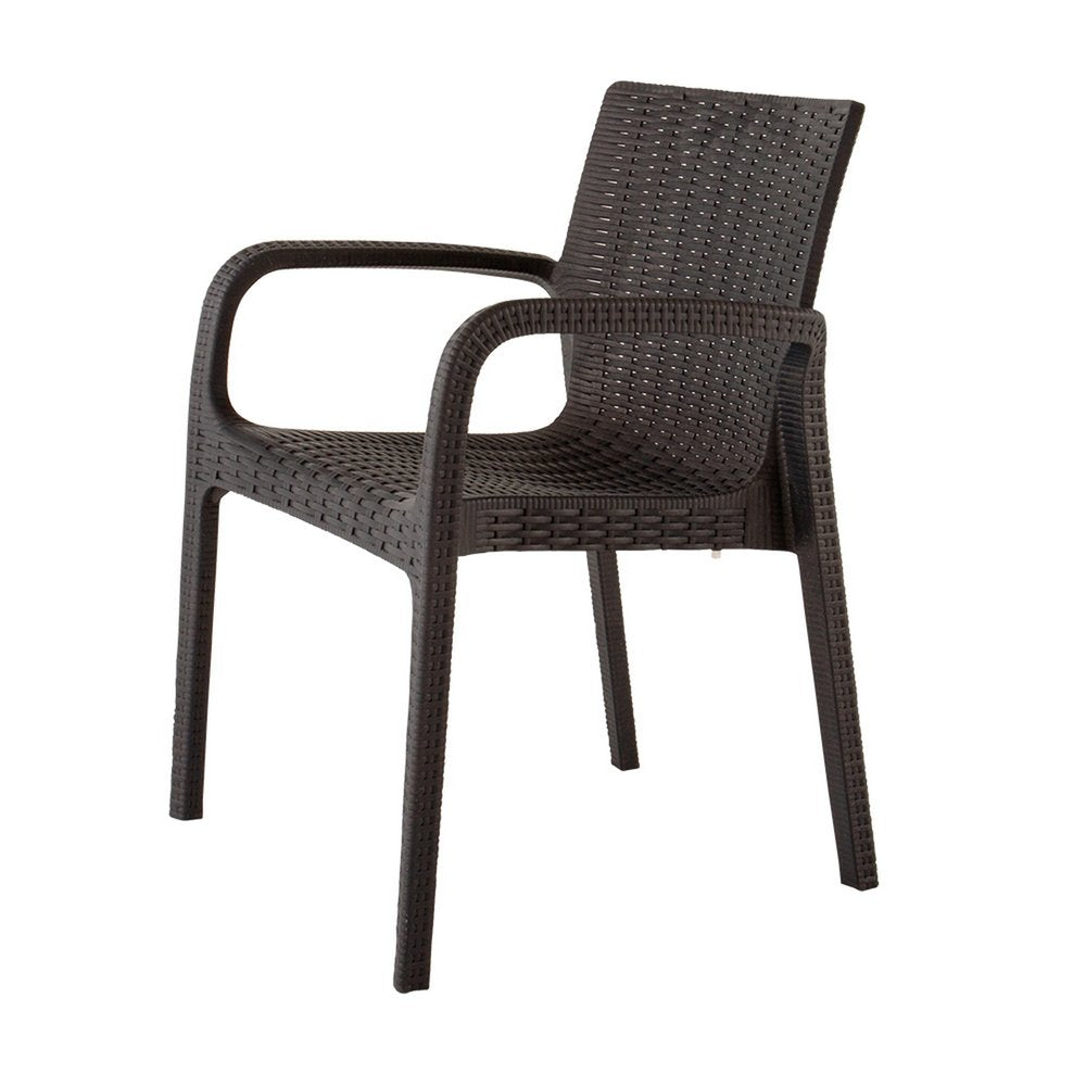 Set of Two Black Faux Rattan Heavy Duty Plastic Outdoor Stacking Arm Chairs