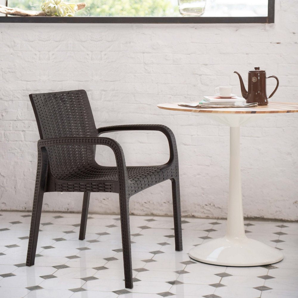 Set of Two Black Faux Rattan Heavy Duty Plastic Outdoor Stacking Arm Chairs