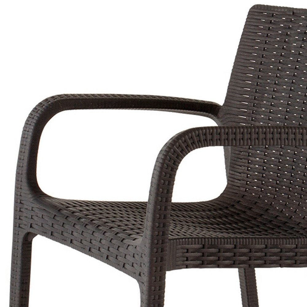 Set of Two Black Faux Rattan Heavy Duty Plastic Outdoor Stacking Arm Chairs