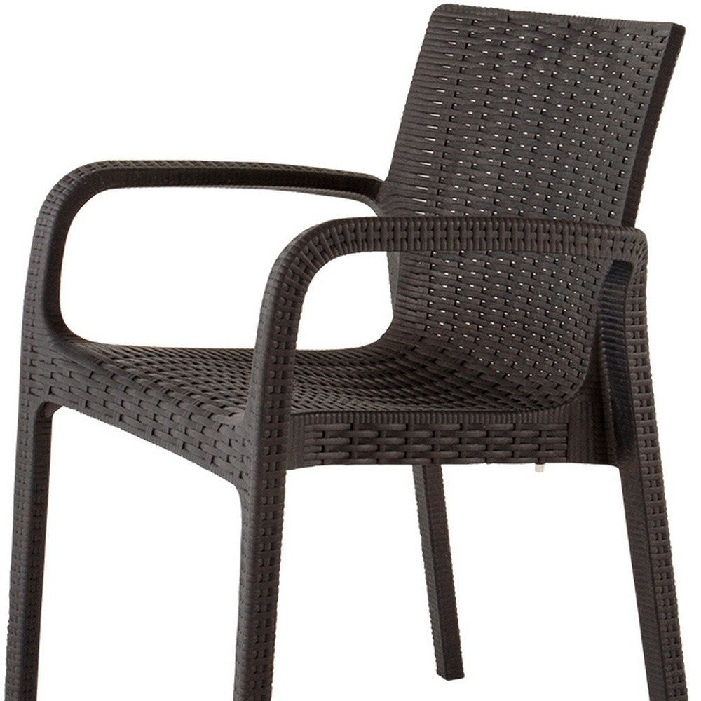 Set of Two Black Faux Rattan Heavy Duty Plastic Outdoor Stacking Arm Chairs