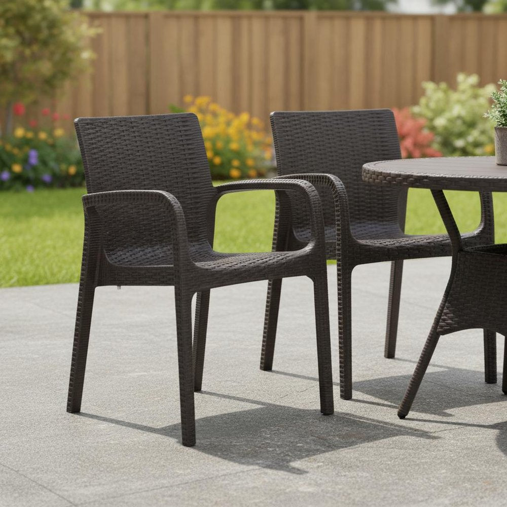 Set of Two Black Faux Rattan Heavy Duty Plastic Outdoor Stacking Arm Chairs