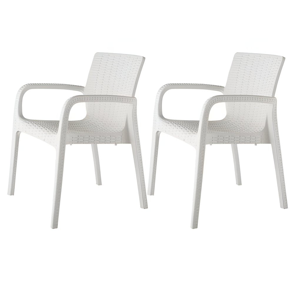 Set of Two Black Faux Rattan Heavy Duty Plastic Outdoor Stacking Arm Chairs
