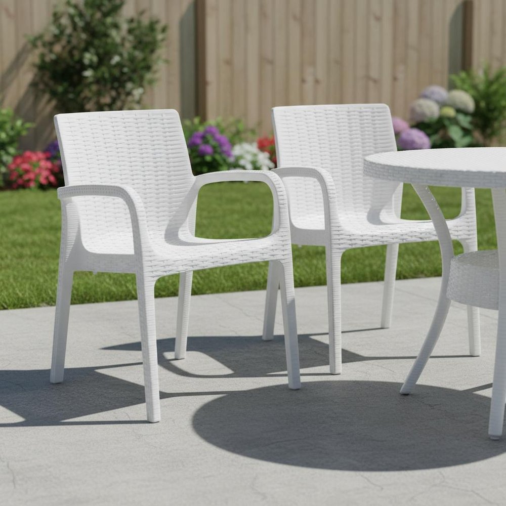 Set of Two Black Faux Rattan Heavy Duty Plastic Outdoor Stacking Arm Chairs