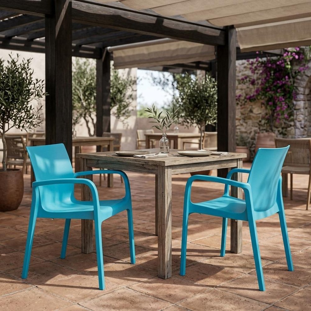 Set of Two Blue Heavy Duty Plastic Outdoor Stacking Dining Chairs