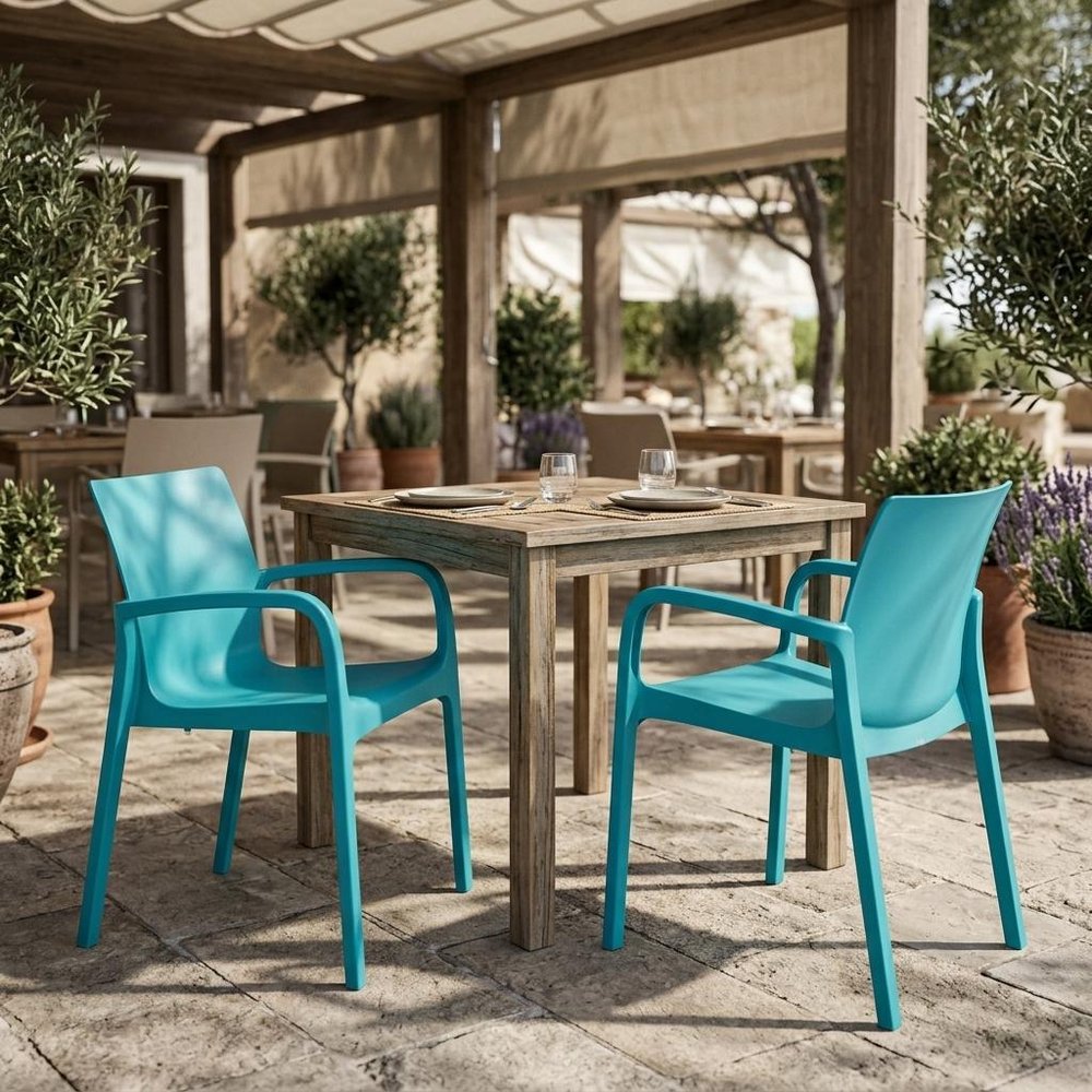 Set of Two Baby Blue Heavy Duty Plastic Outdoor Stacking Dining Chairs