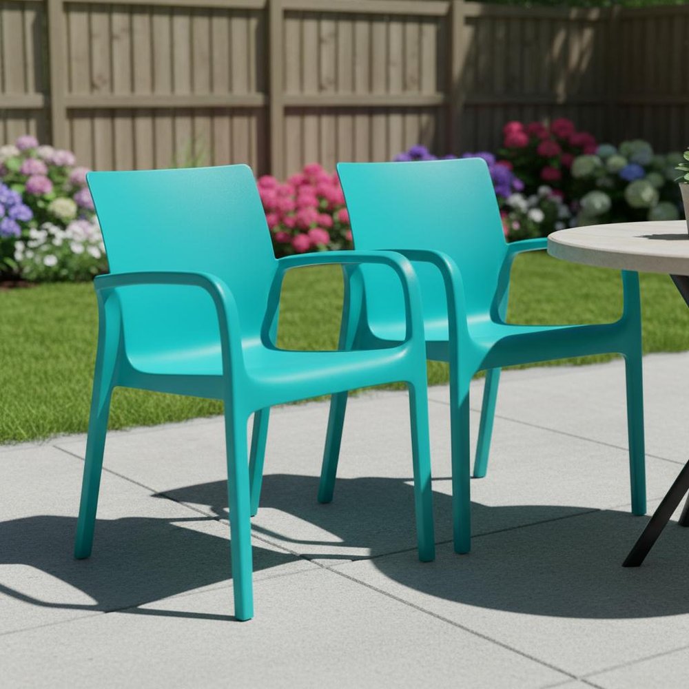 Set of Two Baby Blue Heavy Duty Plastic Outdoor Stacking Dining Chairs