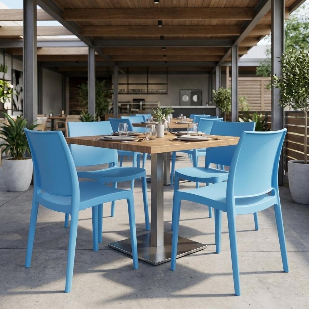 Set of Four Blue Heavy Duty Plastic Outdoor Stacking Dining Chairs