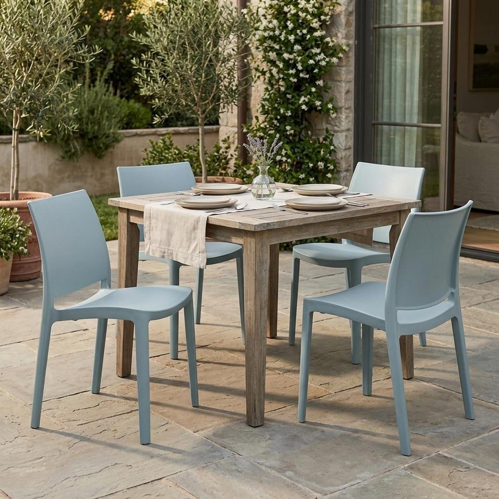Set of Four Blue Heavy Duty Plastic Outdoor Stacking Dining Chairs