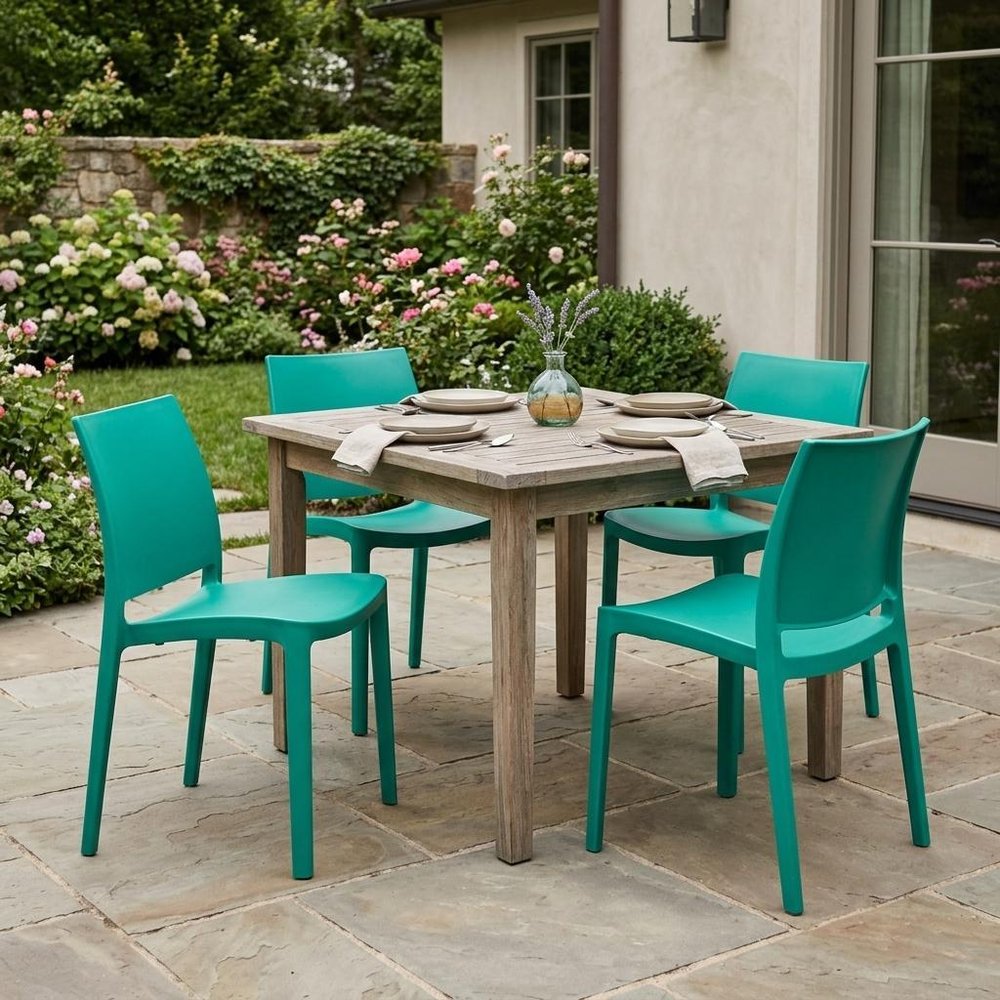 Set of Four Blue Heavy Duty Plastic Outdoor Stacking Dining Chairs