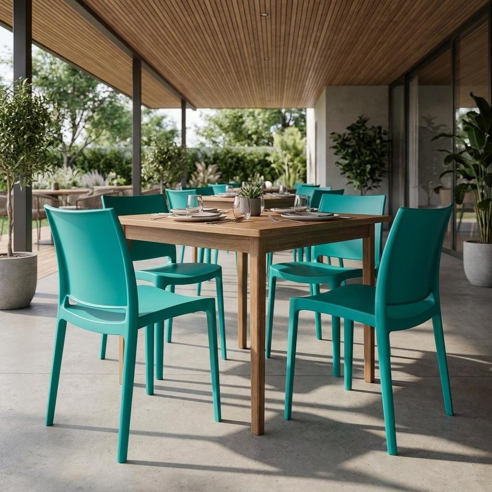 Set of Four Blue Heavy Duty Plastic Outdoor Stacking Dining Chairs
