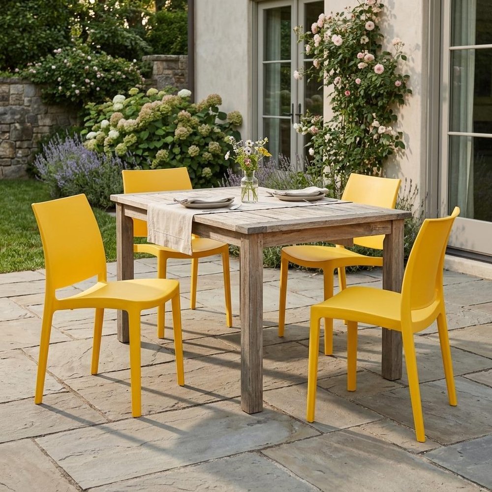 Set of Four Blue Heavy Duty Plastic Outdoor Stacking Dining Chairs