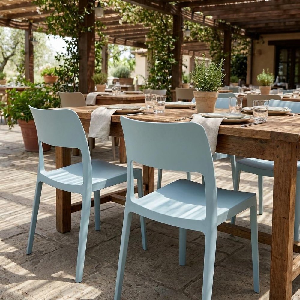 Set of Two Baby Blue Heavy Duty Plastic Outdoor Stacking Accent Chairs