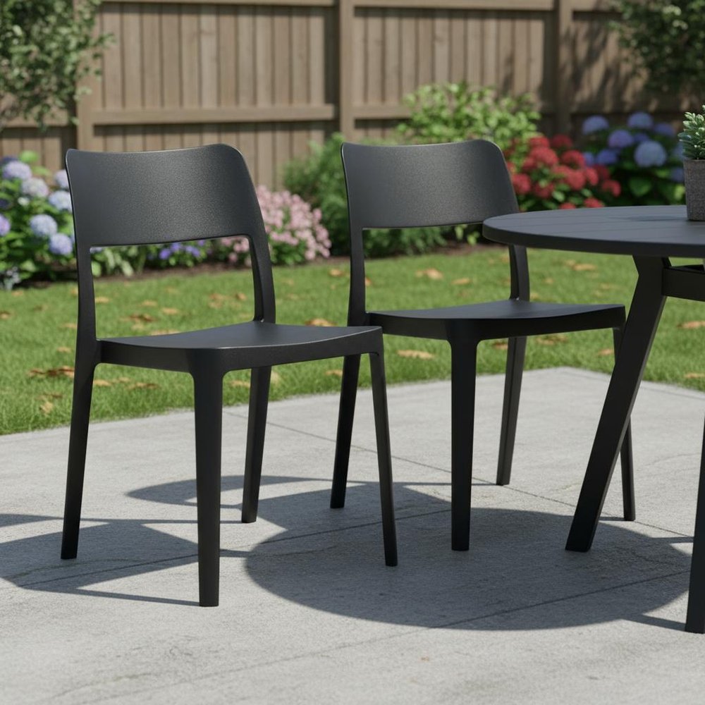Set of Two Taupe Heavy Duty Plastic Outdoor Stacking Accent Chairs