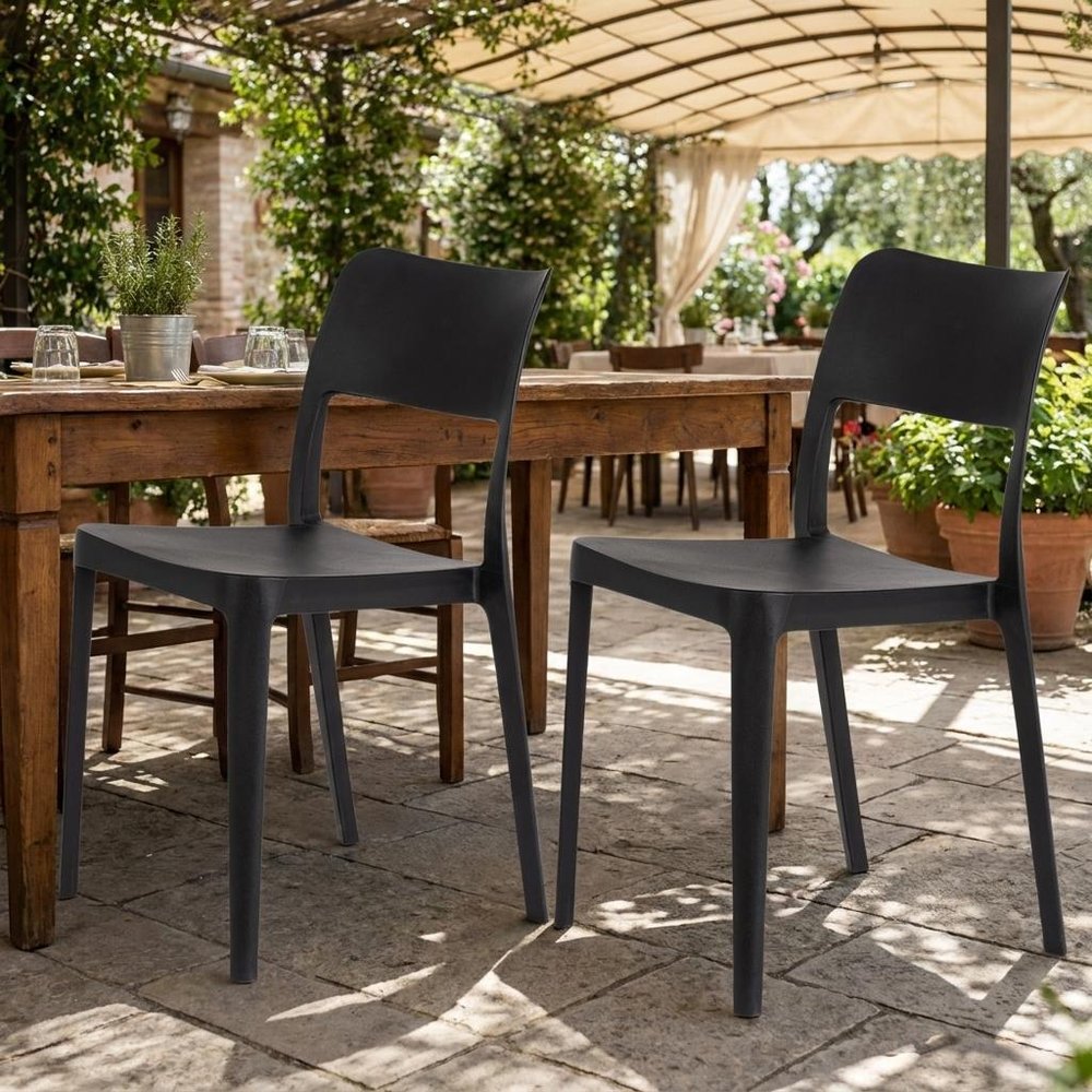 Set of Two Taupe Heavy Duty Plastic Outdoor Stacking Accent Chairs