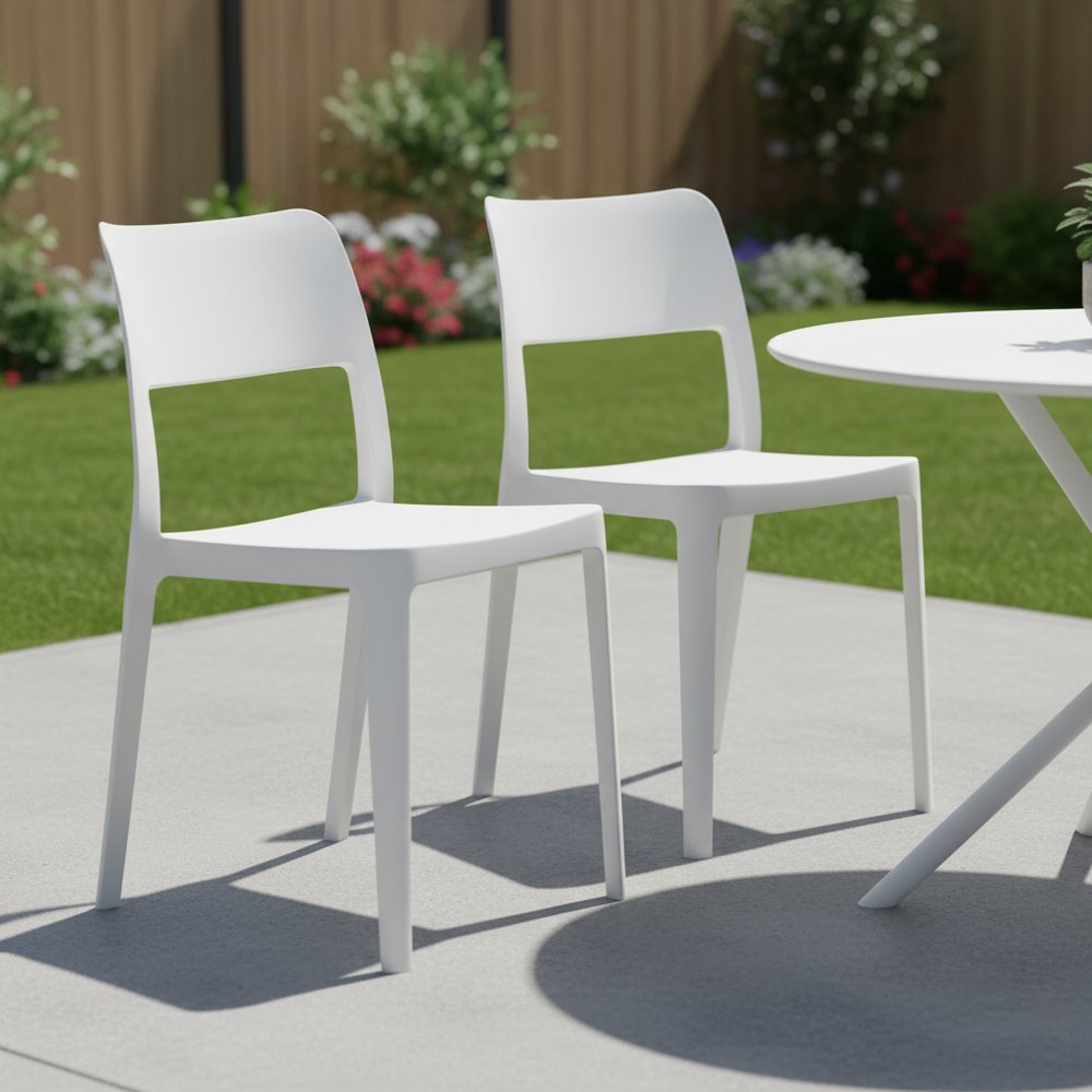 Set of Two Taupe Heavy Duty Plastic Outdoor Stacking Accent Chairs